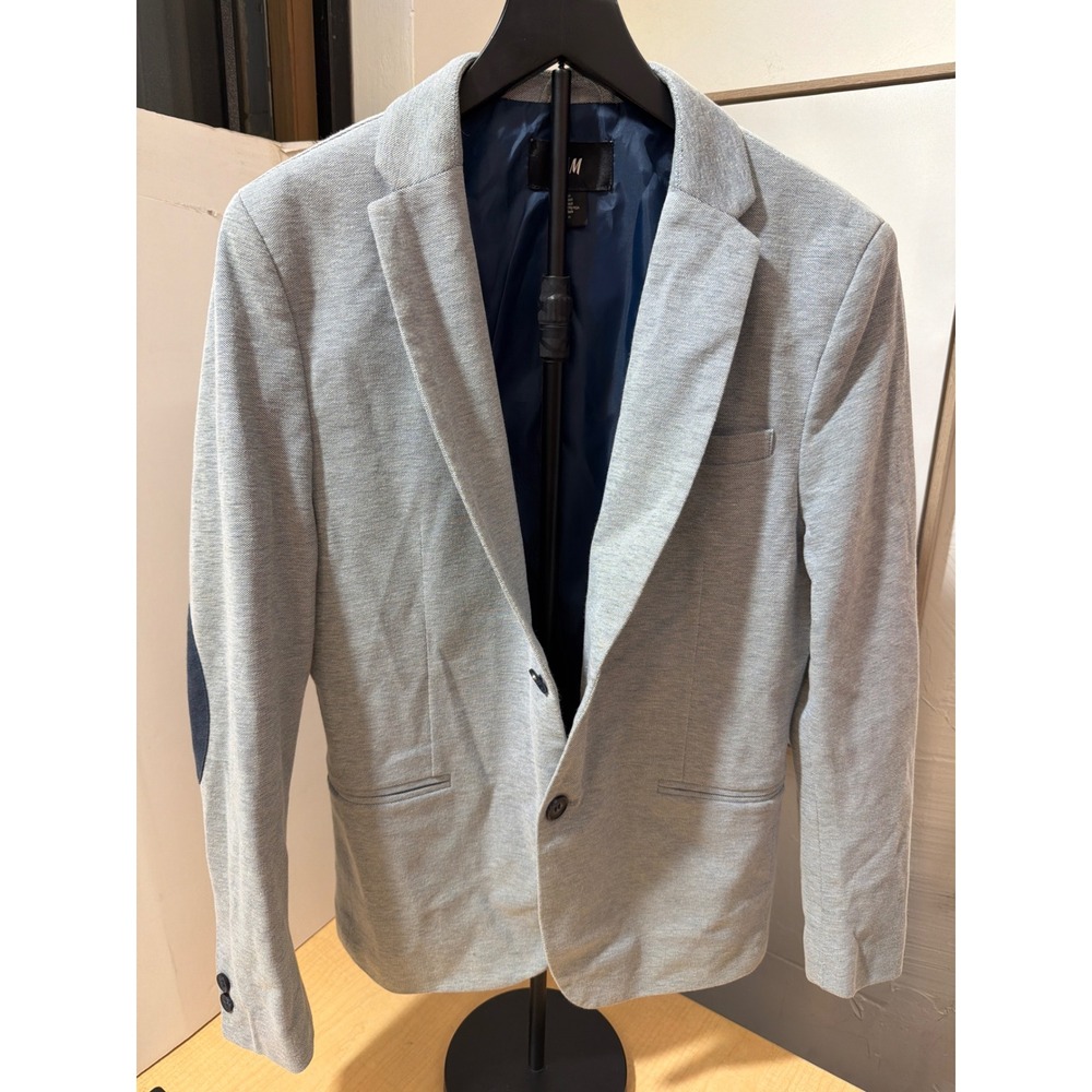 HM Mens Slim Fit Blazer Light Gray Textured Knit Elbow Patches 36R Sports Coat